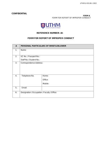 APPENDIX A FORM FOR REPORT OF IMPROPER CONDUCT (ENG) POLISI PERLINDUNGAN PEMBERI MAKLUMAT