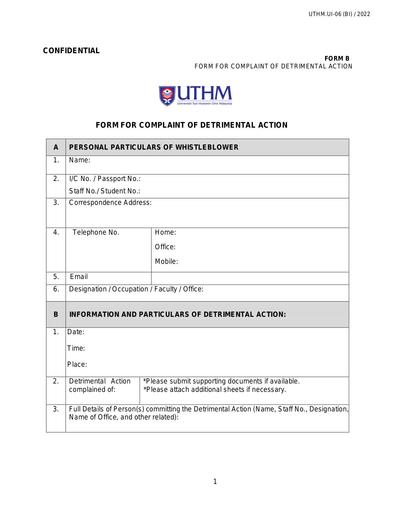 APPENDIX B FORM FOR COMPLAINT OF DETRIMENTAL ACTION (ENG) POLISI PERLINDUNGAN PEMBERI MAKLUMAT